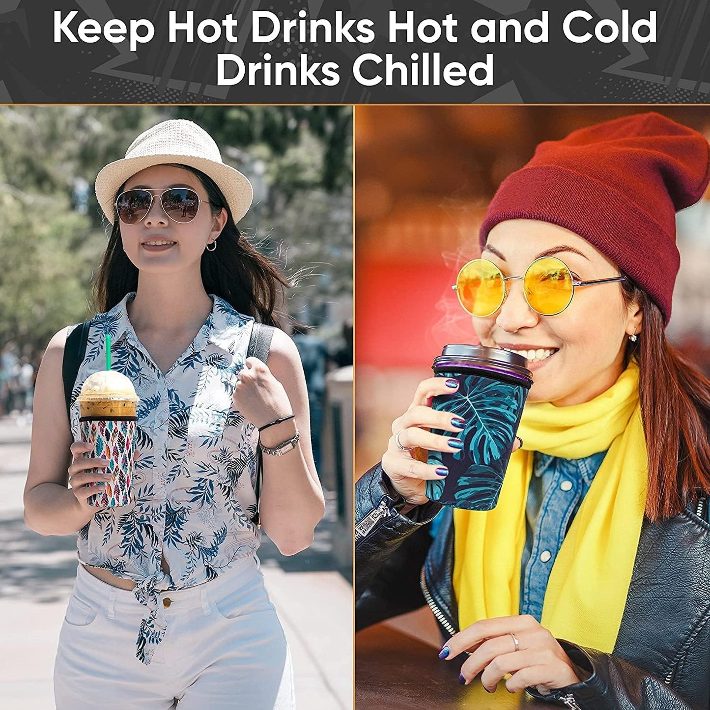 Baxendale and Co Reusable Neoprene Insulator Sleeves for Large Sized Iced Coffee and Cold Drink Cups, Compatible with Starbucks, Dunkin, Tumblers, Soda Cups (2 PK Large 32oz, Mint & Peach Smooth)
