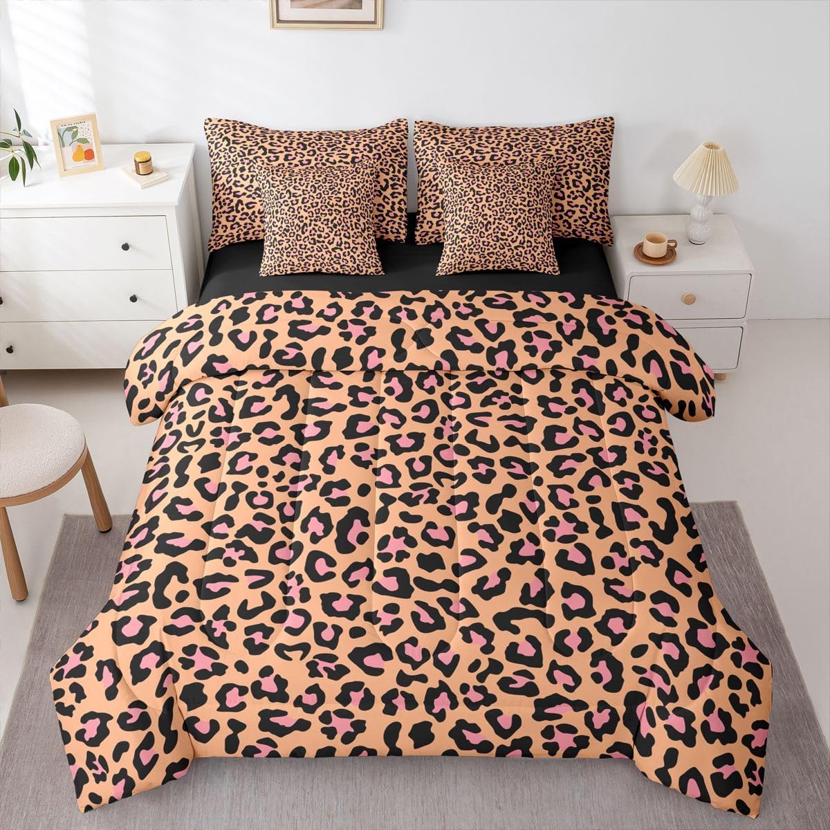 Erosebridal Girly Leopard Print Twin Size Bedding Set Animal Print 7 Pieces Comforter Set with Sheets Girl Women Golden Yellow Wildlife Cheetah Bed in a Bag Fashion Peach Pink Bed Sets