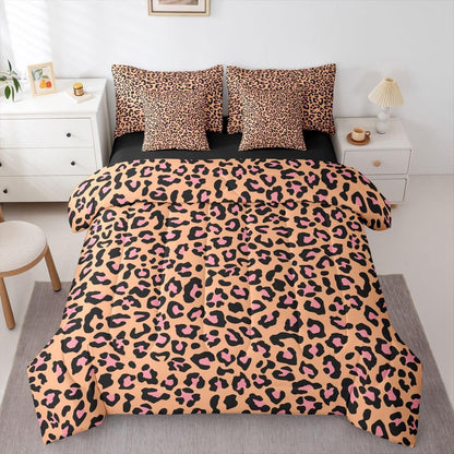 Erosebridal Girly Leopard Print Twin Size Bedding Set Animal Print 7 Pieces Comforter Set with Sheets Girl Women Golden Yellow Wildlife Cheetah Bed in a Bag Fashion Peach Pink Bed Sets