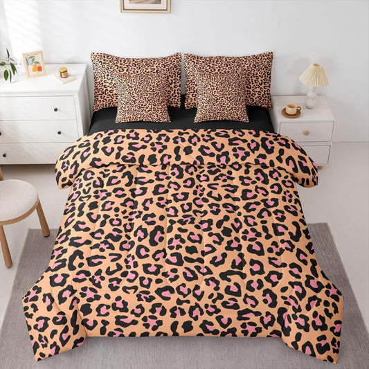 Erosebridal Girly Leopard Print Twin Size Bedding Set Animal Print 7 Pieces Comforter Set with Sheets Girl Women Golden Yellow Wildlife Cheetah Bed in a Bag Fashion Peach Pink Bed Sets