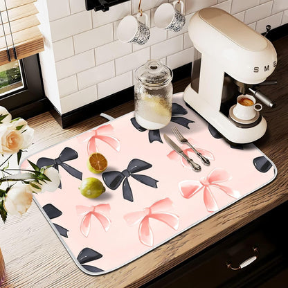 Pink Black Bows Dish Drying Mat Kitchen Counter Mats Dish Drying Pad for Dishes Absorbent 16×18in