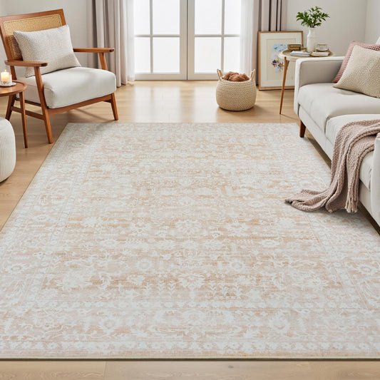 Beige Floral Washable 5x7 Area Rugs for Living Room, Vintage Neutral Non Slip Bedroom Rug, Indoor Retro Soft Distressed Carpet for Home Office Dorm Dining Room