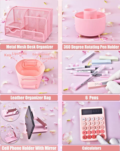 LXEVIHK 21Pcs Pink Desk Organizers and Accessories With Mesh Desk Organizer and 360°Rotating Pen Holder and a Lot of Office Pink Office Supplies Beautifully Presented in a Gift Box