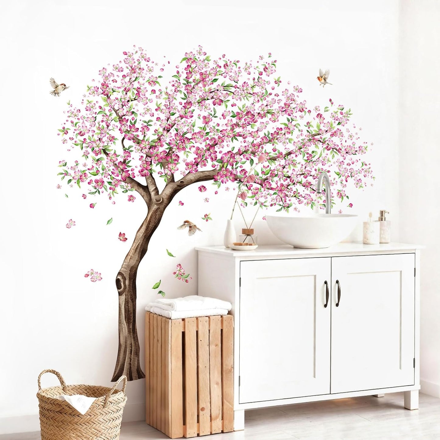 Tanlaby 54in H Large Cherry Blossom Tree Wall Decals Pink Peach Flower Tree Wall Stickers with Birds Peel and Stick Spring Wall Art Decor for Girls Kids Bedroom Nursery Living Room TV Decor