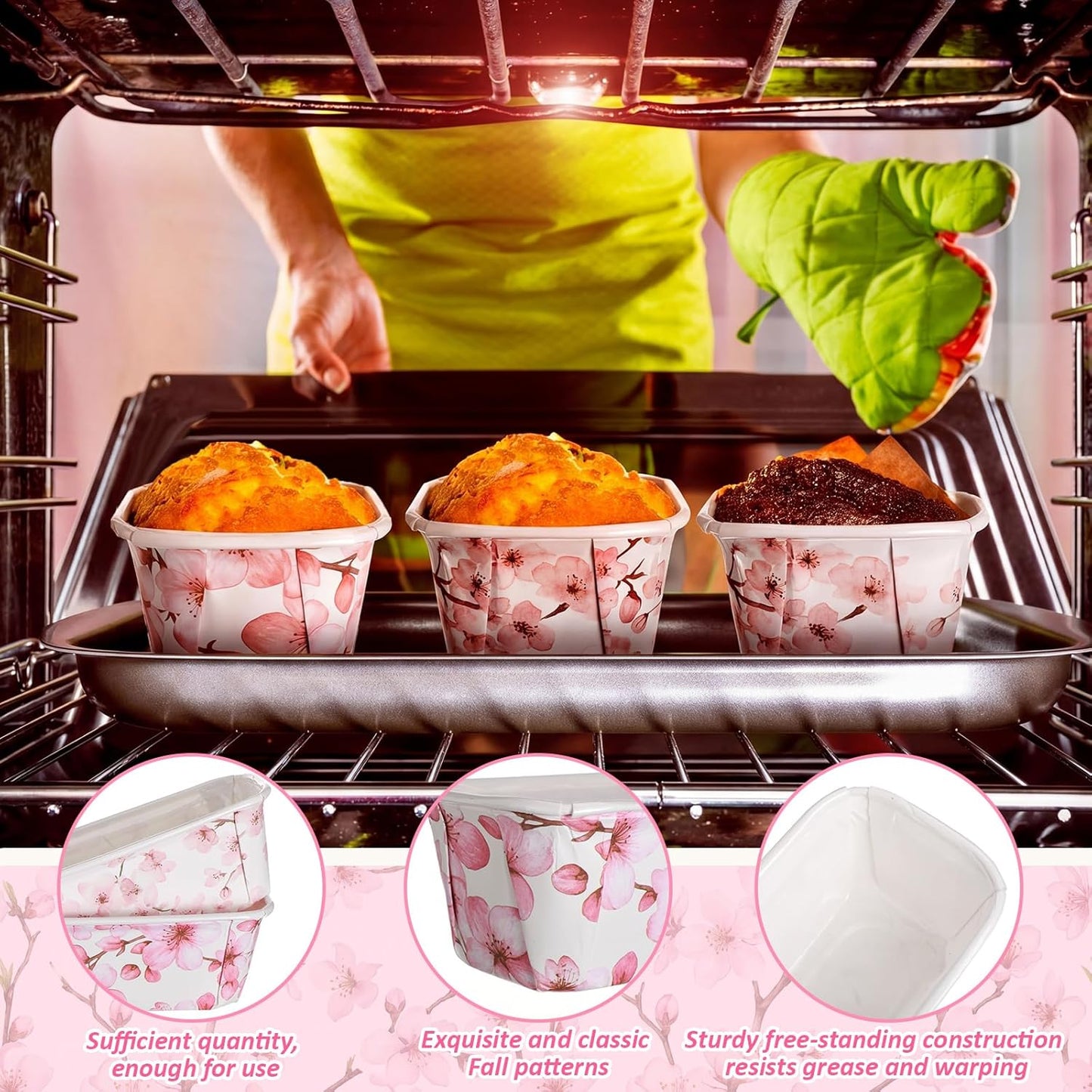 Hushee 50 Sets Pink Blossom Paper Loaf Pans with Bags, 6.3x2.2x2.2" Disposable Mini Bread Baking Molds, Floral Cake Liners for Baby Shower Wedding Birthday Spring Gifts