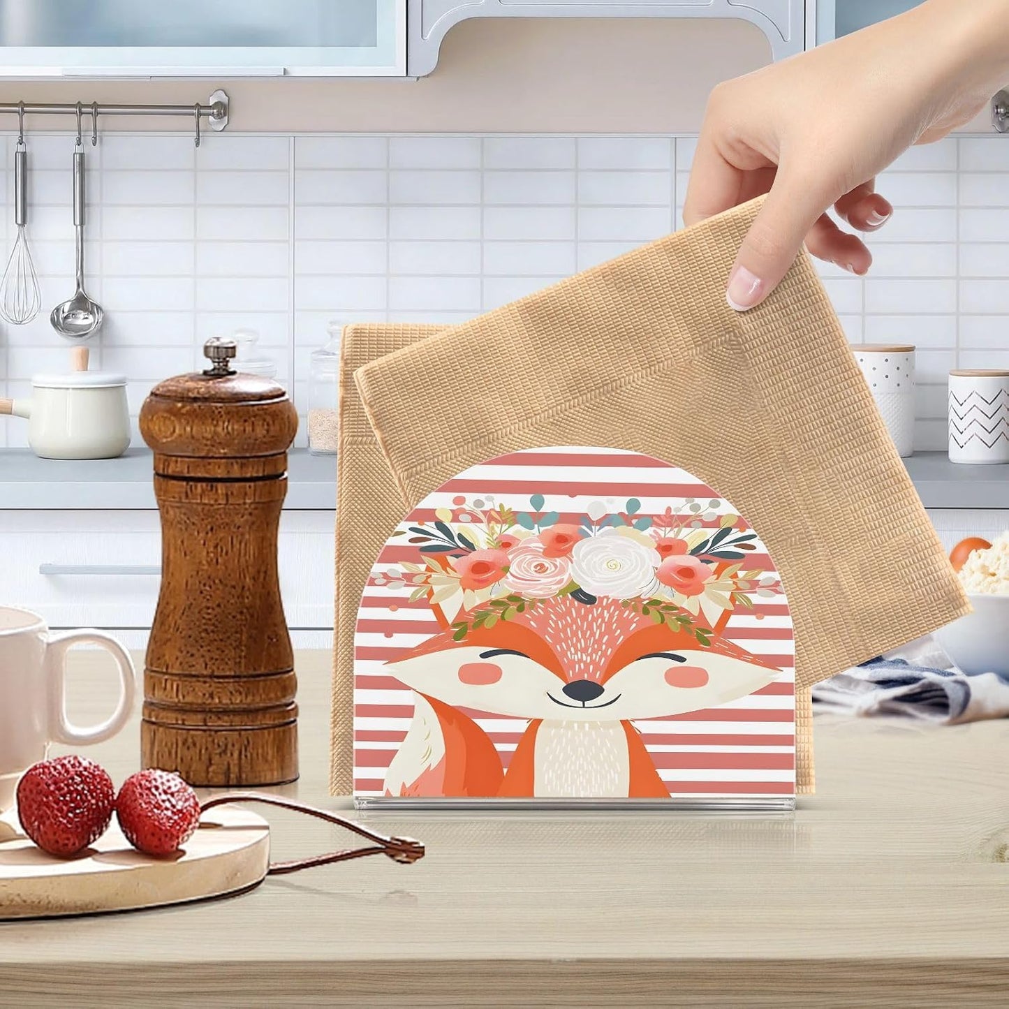 Napkin Holder for Table,Cute Fox Pink Stripe Napkin Holders Tissue Dispenser Clear Acrylic Cocktail Napkins Paper Towel Storage Holder for Kitchen Bathroom Decor