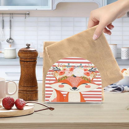 Napkin Holder for Table,Cute Fox Pink Stripe Napkin Holders Tissue Dispenser Clear Acrylic Cocktail Napkins Paper Towel Storage Holder for Kitchen Bathroom Decor
