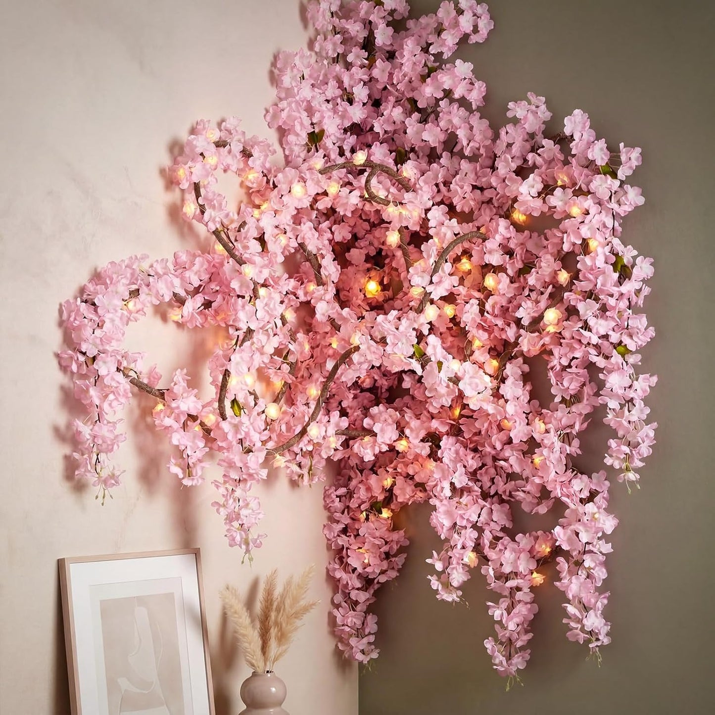 Tigeen 24 Stems Artificial Cherry Blossom Tree with 2 Vines and 100 Zip Ties Pink Blossom Tree for 3D Garden Wedding Wall Home Patio Fence Decor