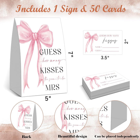 How Many Kisses Bridal Shower Game, Pink Bow Wedding Games for Guest, Engagement Party Games, Bachelorette Party Night, Bridal Shower Games Ideas, Wedding Shower Decorations, 1 Sign and 50 Cards