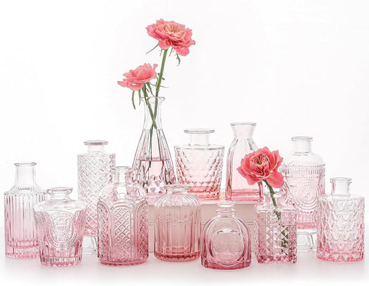 SUPMIND 12Pcs Glass Bud Vase Set, Small Flower Vase for Centerpieces, Pink Bud Vases in Bulk, Mini Vintage Vase for Rustic Wedding Decorations