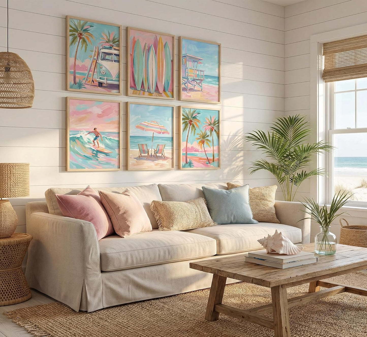 6pcs Pink Coastal Canvas Wall Art Tropical Beach Palm Tree Wall Decor Pictures Summer Pastel Surf Surfboard Posters Prints Paintings for Dormitory Apartment Sea View Room Home Decoration Unframed