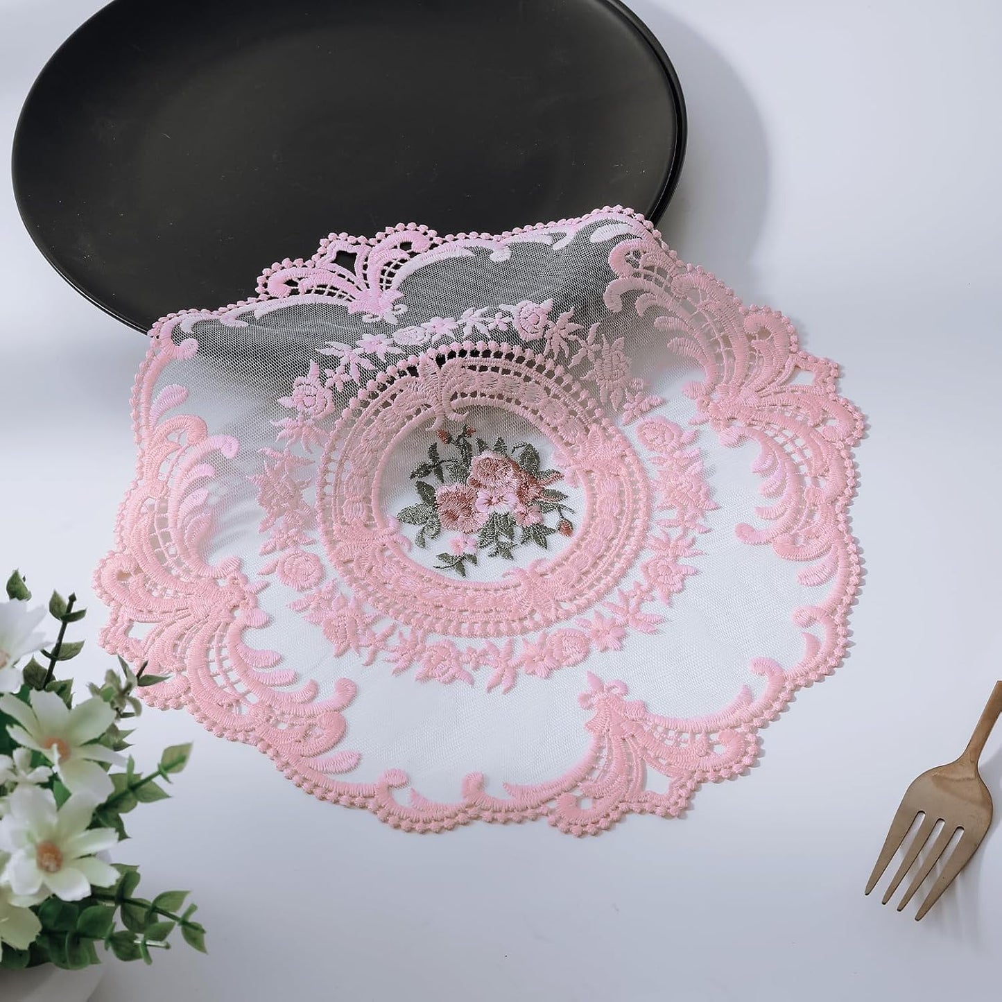 Embroidered Placemats Set of 4, Retro Handmand Place Mats Vintage Cup Vase Table Mat for Dining Table Kitchen Party -Pink, 4PCS