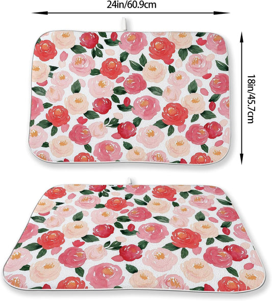 Floral Dish Drying Mat 18x24 Inch Watercolor Red Pink Flower Drying Mat Vintage Spring Summer Valentines Day Romantic Absorbent Dish Drying Pad Dish Rack Drainer Mats for Kitchen Dining Counter