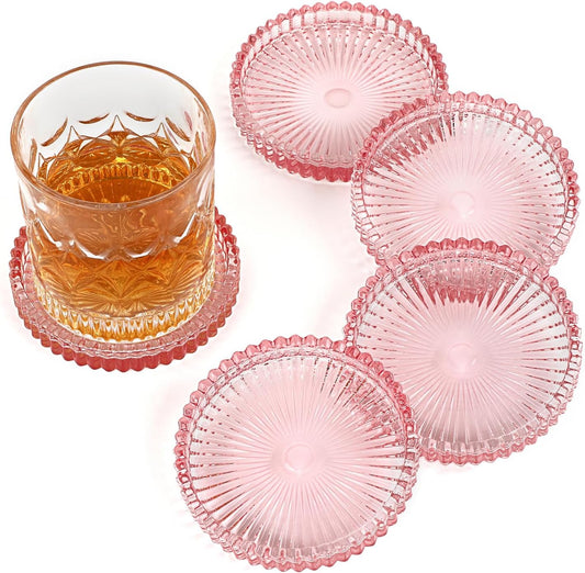 Modern Clear Coaster Set of 5- Glass Coasters for Drinks Crystal Coasters Round Cup Coaster Coffee Table Decor for Office, Kitchen, Bar, Dining Room, Living Room, Patio(Clear Pink)
