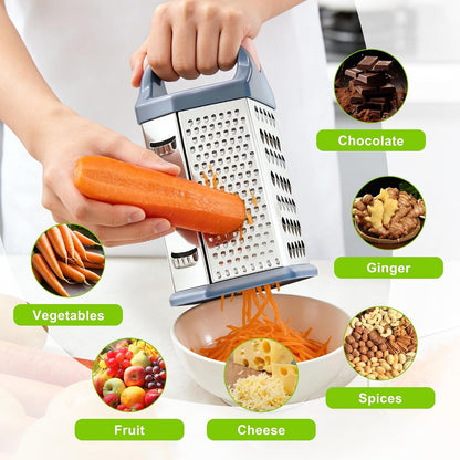 Box grater for kitchen 6 Sided - Cheese Graters Handheld, Stainless Steel Shredder for Food Vegetable Carrot Potato Tomato (Pink)