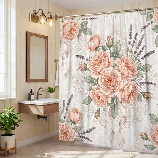 Roses Shower Curtain, Floral Vintage Lavender Lace Spring Peach Washable with Hooks Design Print Bath Curtains for Home Bathroom Toile Hotel Decor 72x78 Inch