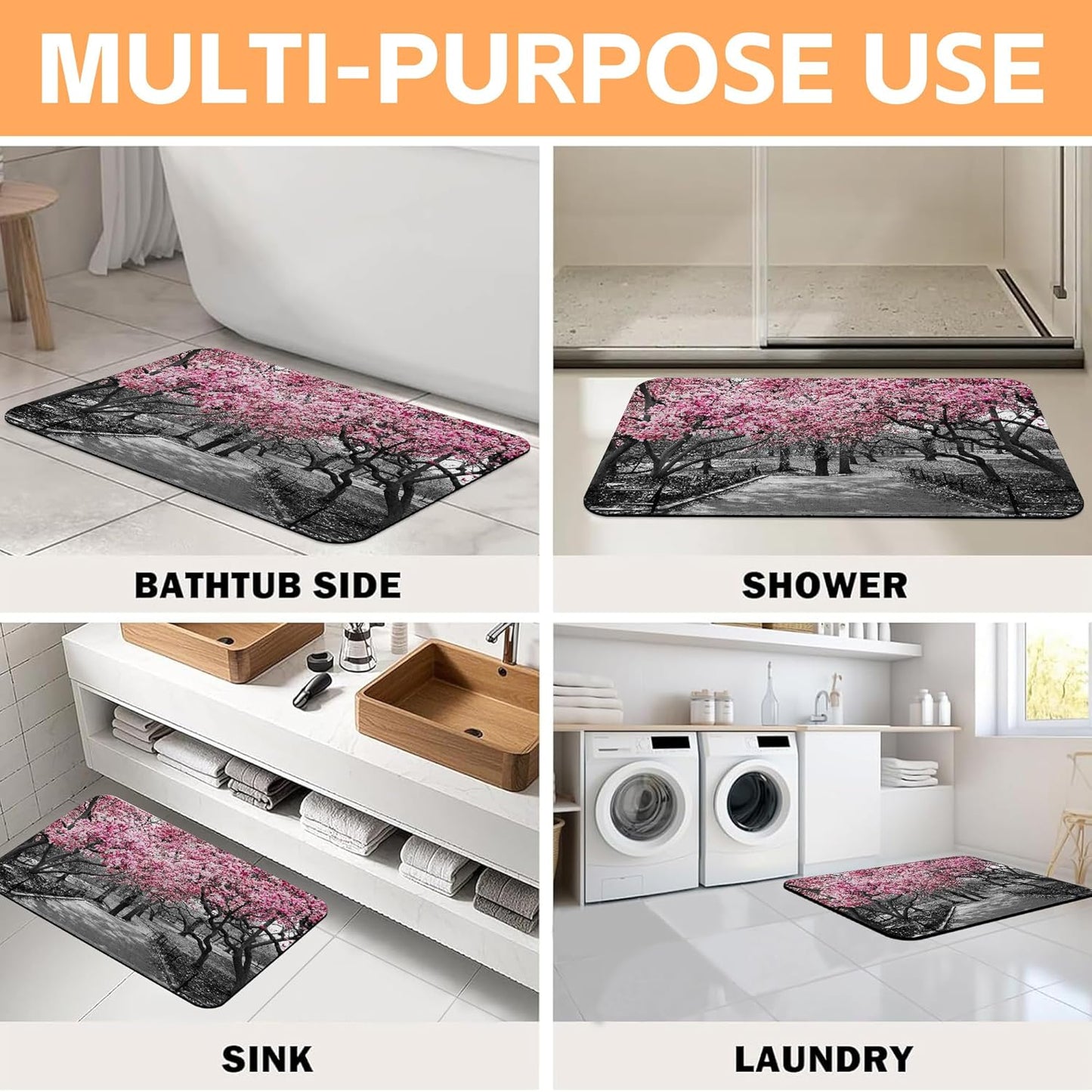 Pink Blossoms Trees Bath Rugs,Non-Slip and Absorbent Bathroom Rug Mat,Soft Dry Fast Machine Washable Bath Mats for Bathroom Kitchen Bathtub,Home Decor Accessories,15.7"×23.6"
