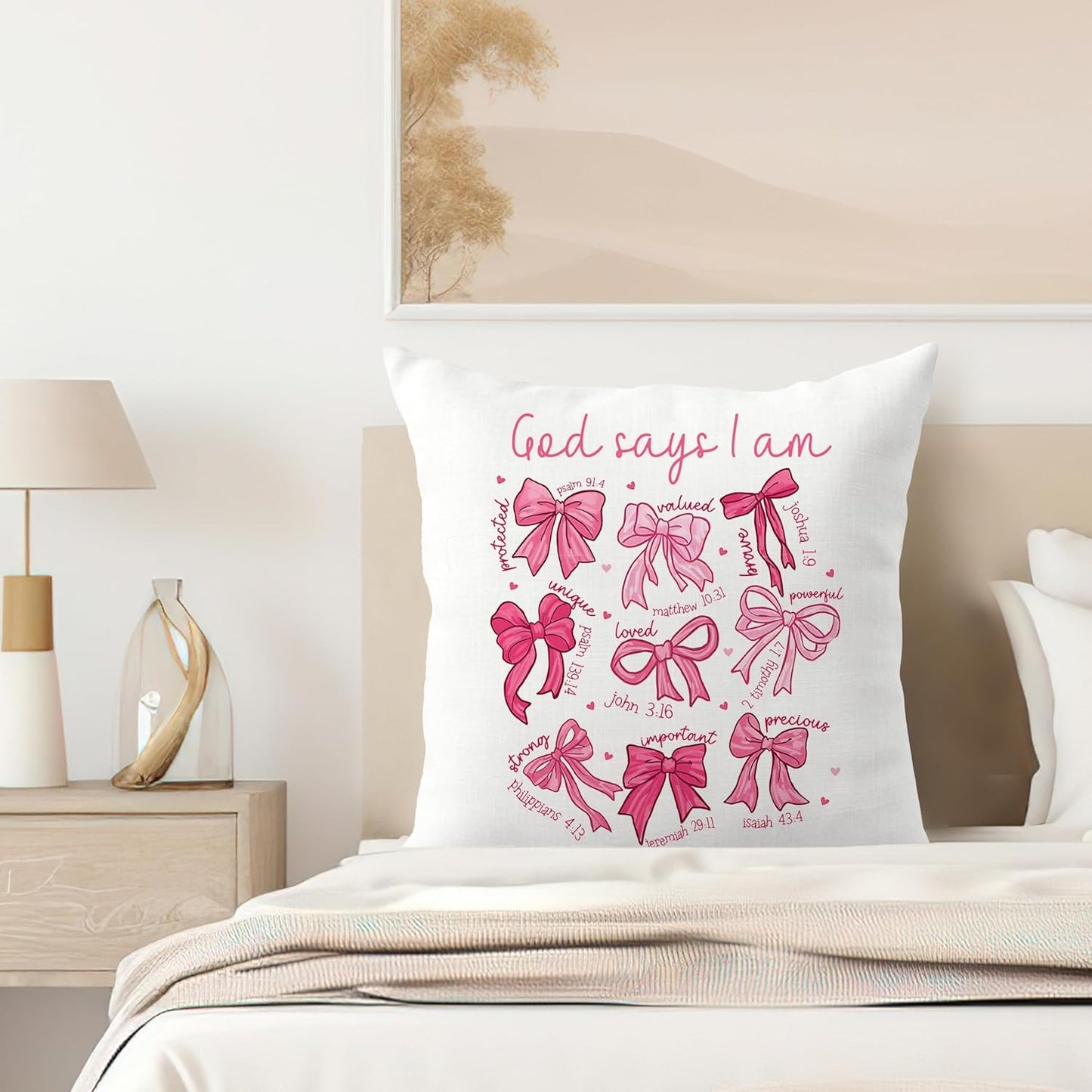 Coquette Pink Bow Christian Pillow Covers 18x18, Coquette Room Decor, God Says I Am Bow Bible Verse Religious Decorative Throw Pillow Covers for Girls Bedroom Dorm Living Room Home