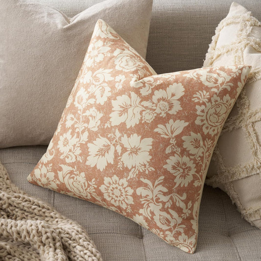 MUSSEL Light Coral Floral Pillow Covers 18x18，Vintage Decorative Throw Pillow Patterned Covers Neutral Modern Farmhouse Cushions Cotton Accent Covers for Sofa Bed Living Room Pillowcases Set of 2