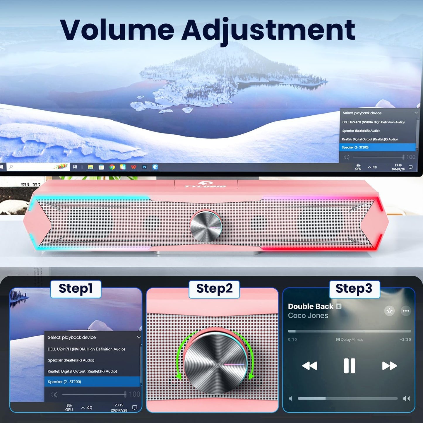 Tylubio Computer Speakers for Pc Desktop with Clear Sound, Flowing LED PC Speaker for Computer Desktop Laptop Monitor, Bluetooth & USB Input - Pink