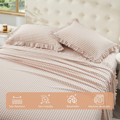 Ruffle Gingham Queen Sheet Set - 4 Piece Light Pink Plaid Cotton Bed Sheets Queen Size - 16 Inch Deep Pocket Checkered Ruffled Sheets Farmhouse Decor - Linen-Feel & Breathable