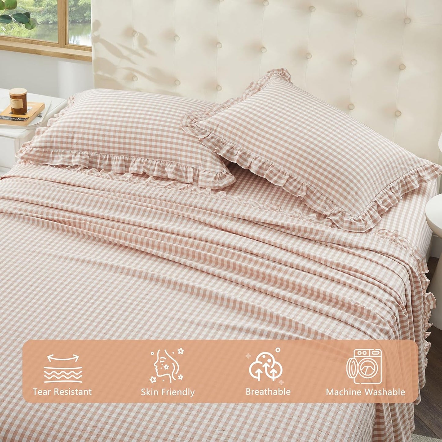 Ruffle Gingham Full Sheet Set - 4 Piece Light Pink Plaid Cotton Bed Sheets Full Size - 16 Inch Deep Pocket Checkered Ruffled Sheets Farmhouse Decor - Linen-Feel & Breathable