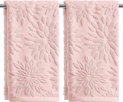 Artoid Mode 2 Pcs Pink 3D Dahlia Floral Jacquard Hand Towels for Bathroom, 100% Cotton Soft Absorbent Bathroom Decor Towels, 13.7 x 29.5 Inch