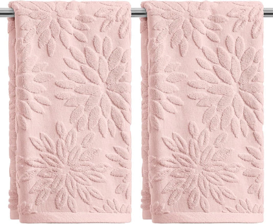 Artoid Mode 2 Pcs Pink 3D Dahlia Floral Jacquard Hand Towels for Bathroom, 100% Cotton Soft Absorbent Bathroom Decor Towels, 13.7 x 29.5 Inch