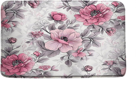 Floral Bath Mat Pink Grey Watercolor Floral Spring Flower Modern Aesthetic Elegant Wildflower Vintage Rustic Bath Rug, Absorbent Doormat Bedroom Rug Kitchen Toilet, 17.7x29.5