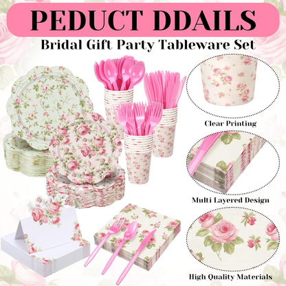 Shellwei 410 Pcs Pink Rose Tea Party Decorations Elegant Floral Paper Plates and Napkins Set Disposable Party Tableware Sets with Cups Knives Forks Spoons Seat Card Favors for 50 Guests