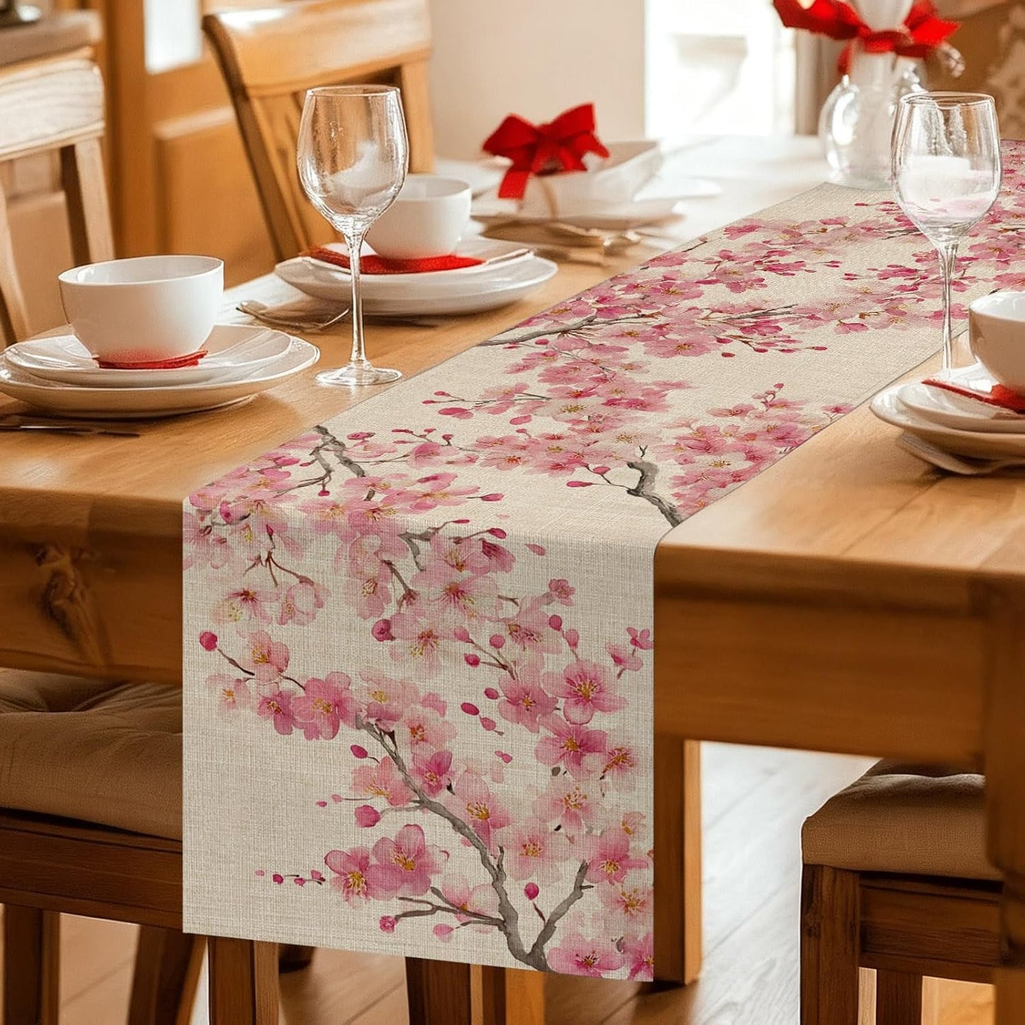 Table Runner 60 Inches Long, Peaches Branches Decorative Table Runner for Party Wedding Home Decor, Farmhouse Spring Botanical Pink Flowers Dresser Scarves for Bedroom Kitchen Tables Decor 13x60 Inch
