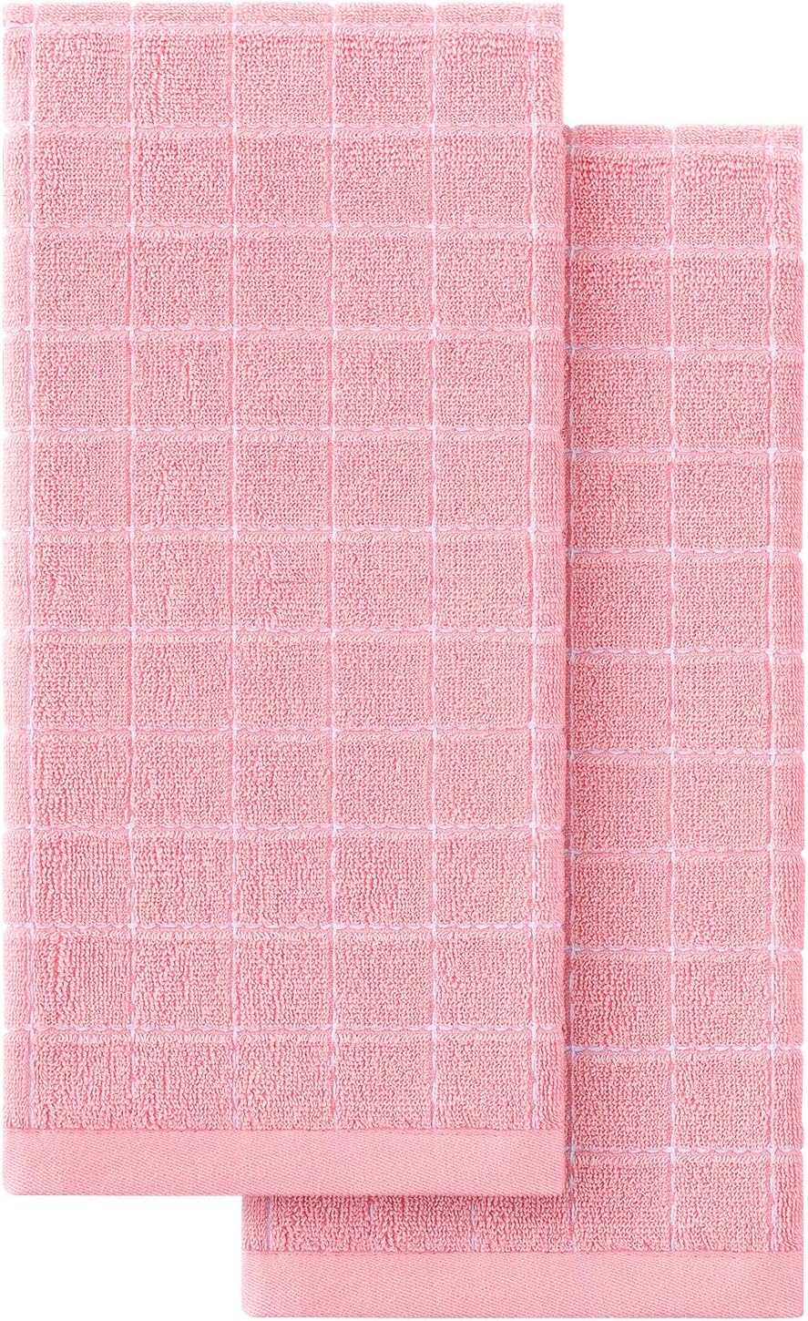 Homaxy 100% Cotton Terry Kitchen Towels(Pink, 13 x 28 inches), Checkered Designed, Soft and Super Absorbent Dish Towels, 2 Pack