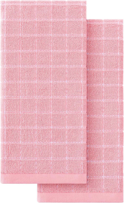 Homaxy 100% Cotton Terry Kitchen Towels(Pink, 13 x 28 inches), Checkered Designed, Soft and Super Absorbent Dish Towels, 2 Pack