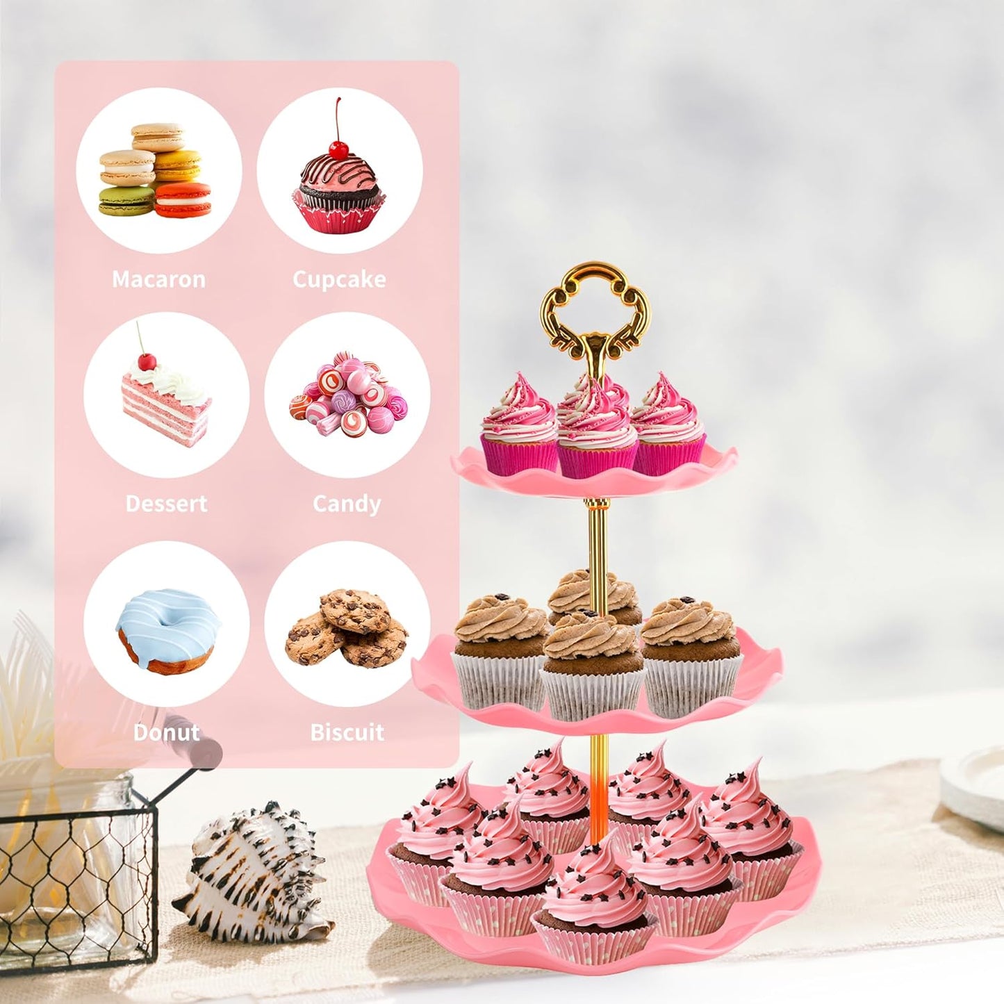 6 Pcs Cupcake Stand Set - Pink Plastic Dessert Table Display Set, 2X Pink Round 3 Tier Cupcake Display Stands Cookie Tray Rack Serving Tower & 4X 14 in Plastic Trays for Wedding Baby Shower Tea Party