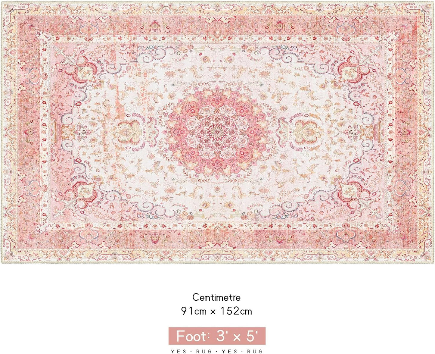 Pink Rug 3x5, Boho Washable Area Rug for Bedroom Living Room Office Kitchen, Distressed Vintage Small Rug Retro Non Slip Carpet