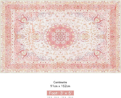Pink Rug 3x5, Boho Washable Area Rug for Bedroom Living Room Office Kitchen, Distressed Vintage Small Rug Retro Non Slip Carpet