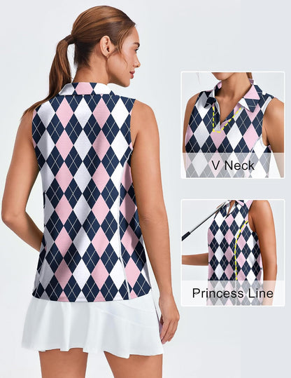 PINSPARK Womens Golf Shirt UPF 50+ Polo Shirts Sleeveless Workout Tank Tops V-Neck Quick Dry Tennis Pickleball Running Shirt