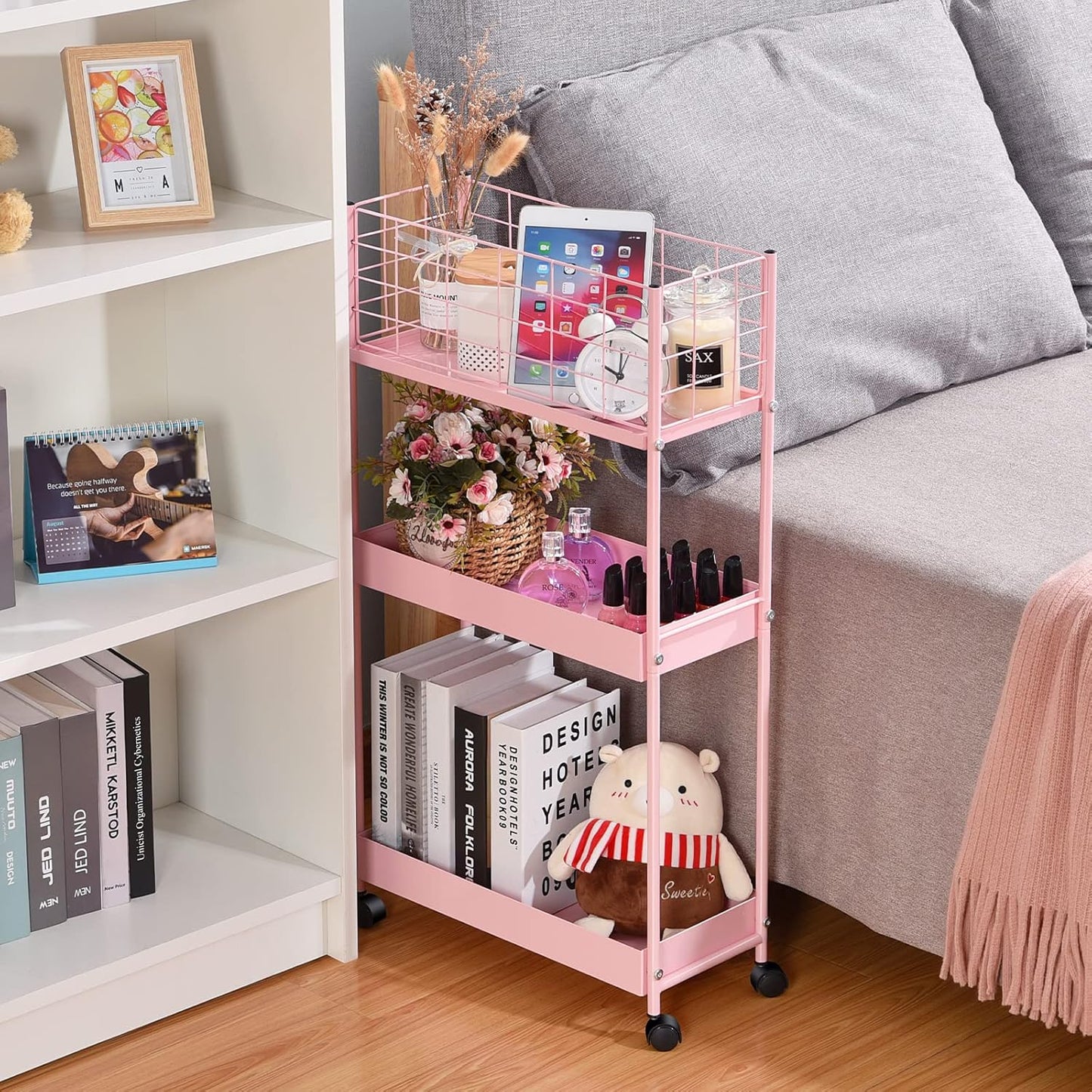 KINGRACK Slim Rolling Storage Cart 3 Tier - Heavy Duty Metal Utility Cart with Raised Edge & Wheels, Narrow Small Mobile Organizer Shelves for Bathroom, Kitchen, Laundry, Office, Living Room, Pink