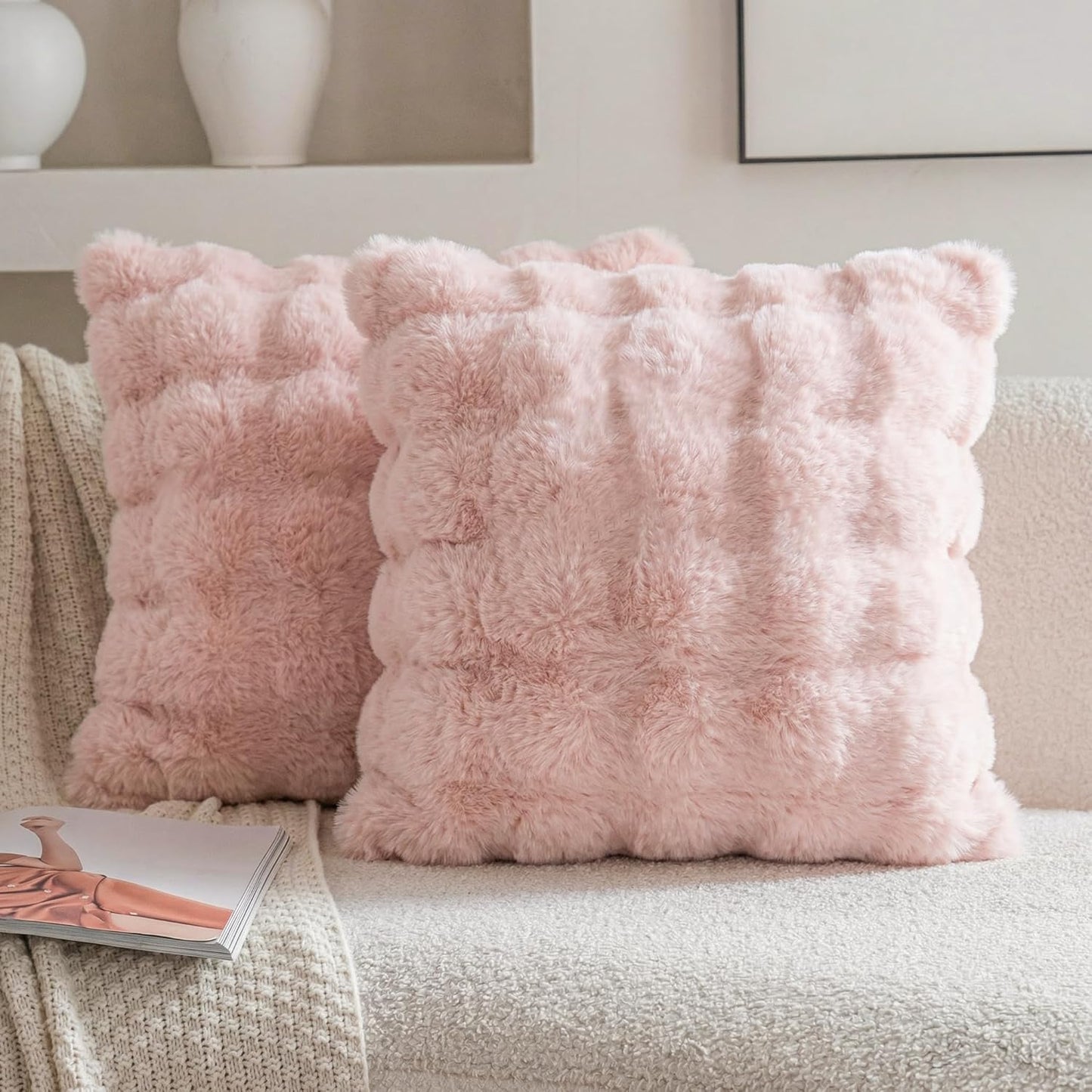 Neelvin Pink Faux Fur Pillow Covers Set of 2, Luxury Soft Fluffy Throw Pillow Covers for Couch, Fuzzy Decorative Plaid Plush Cushion Cases for Living Room Sofa Bedroom Decor