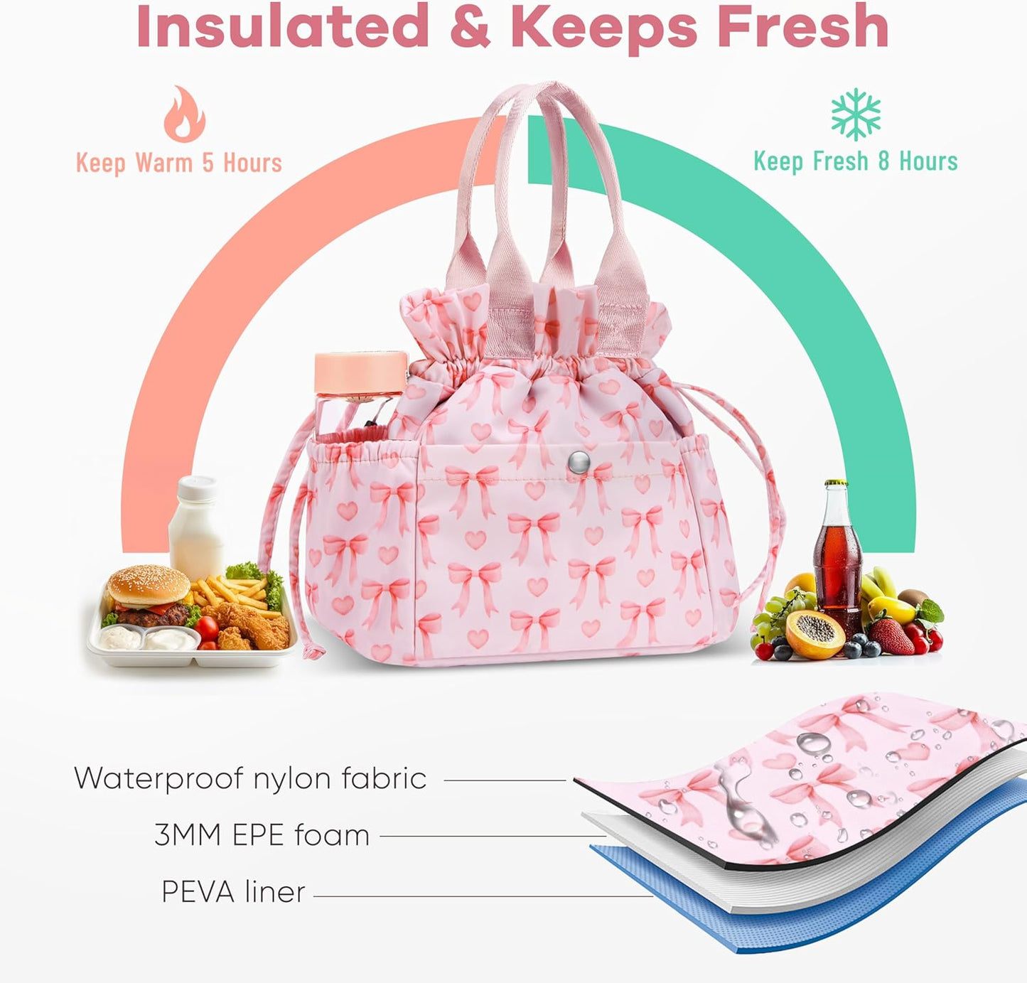 Yarnic Bow Lunch Bag Women Insulated Lunch Bags,Cute Reusable Lunch Box Stain-Resistant Lunchbox with Water Bottle Holder for Adult (Pink Bow)