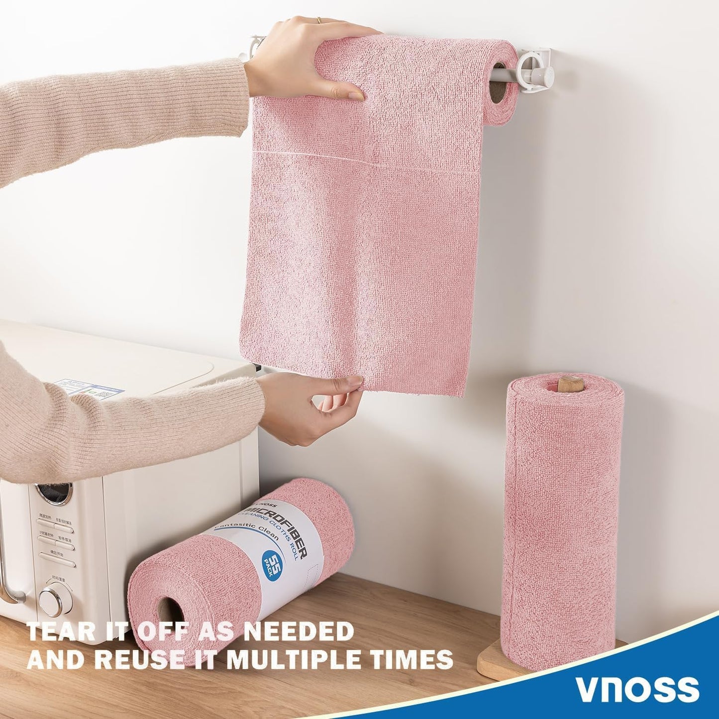 55 Pack Microfiber Cleaning Cloth Roll, Tear Away Reusable Towels, 11" X 9", Ultra Absorbent & Lint Free Cloth for Cars, Kitchen, Window, Home and Shop, Pink