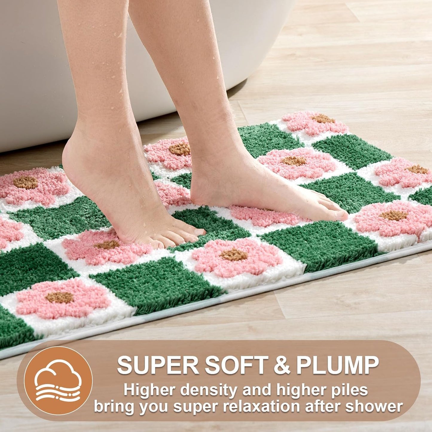 ORTIGIA Cute Green Bathroom Rug Checkered Pink Floral Bath Mat Soft Microfiber Non Slip Washable Absorbent Rugs for Laundry Sink Floor Decor, 20x32 inch