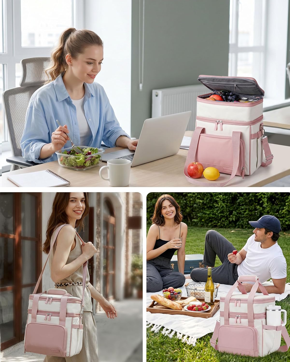 HOMESPON Double Layer Lunch Bag for Women Men, 14L Large Insulated Lunch Box with Shoulder Strap, Expandable Cooler Tote with Cup Holder for Work Office Picnic, Pink