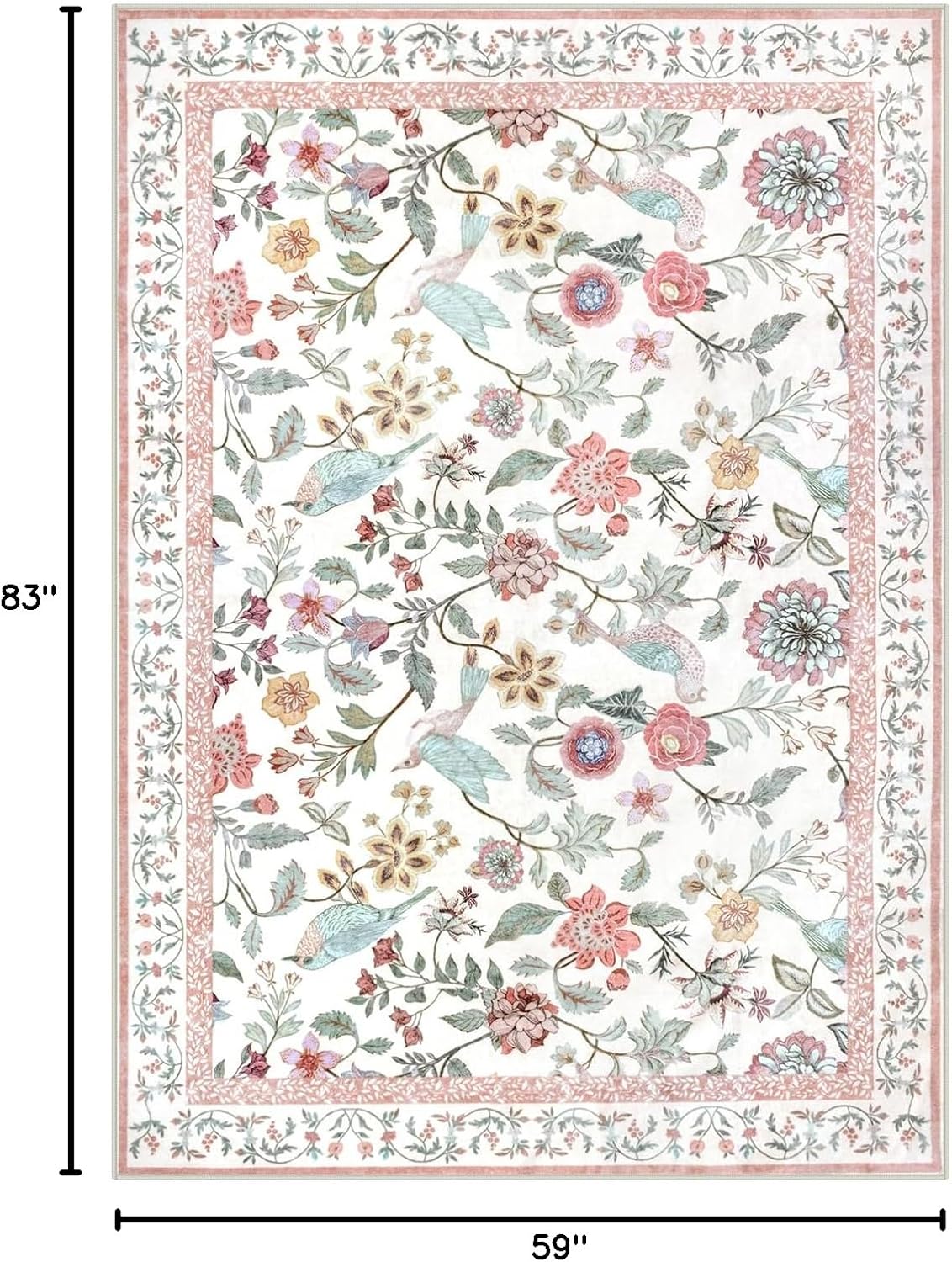 Rugalia Floral Washable 5x7 Area Rug, Soft Non-Slip Pink Rugs for Girls Bedroom Low Pile Flower Birds Living Room Rug, Non-Shedding Botanical Indoor Carpet for Nursery Playroom Dining Room