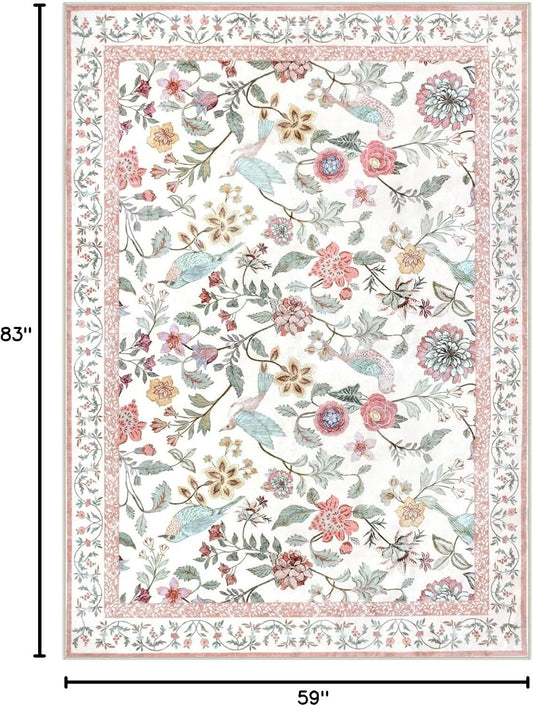 Rugalia Floral Washable 5x7 Area Rug, Soft Non-Slip Pink Rugs for Girls Bedroom Low Pile Flower Birds Living Room Rug, Non-Shedding Botanical Indoor Carpet for Nursery Playroom Dining Room