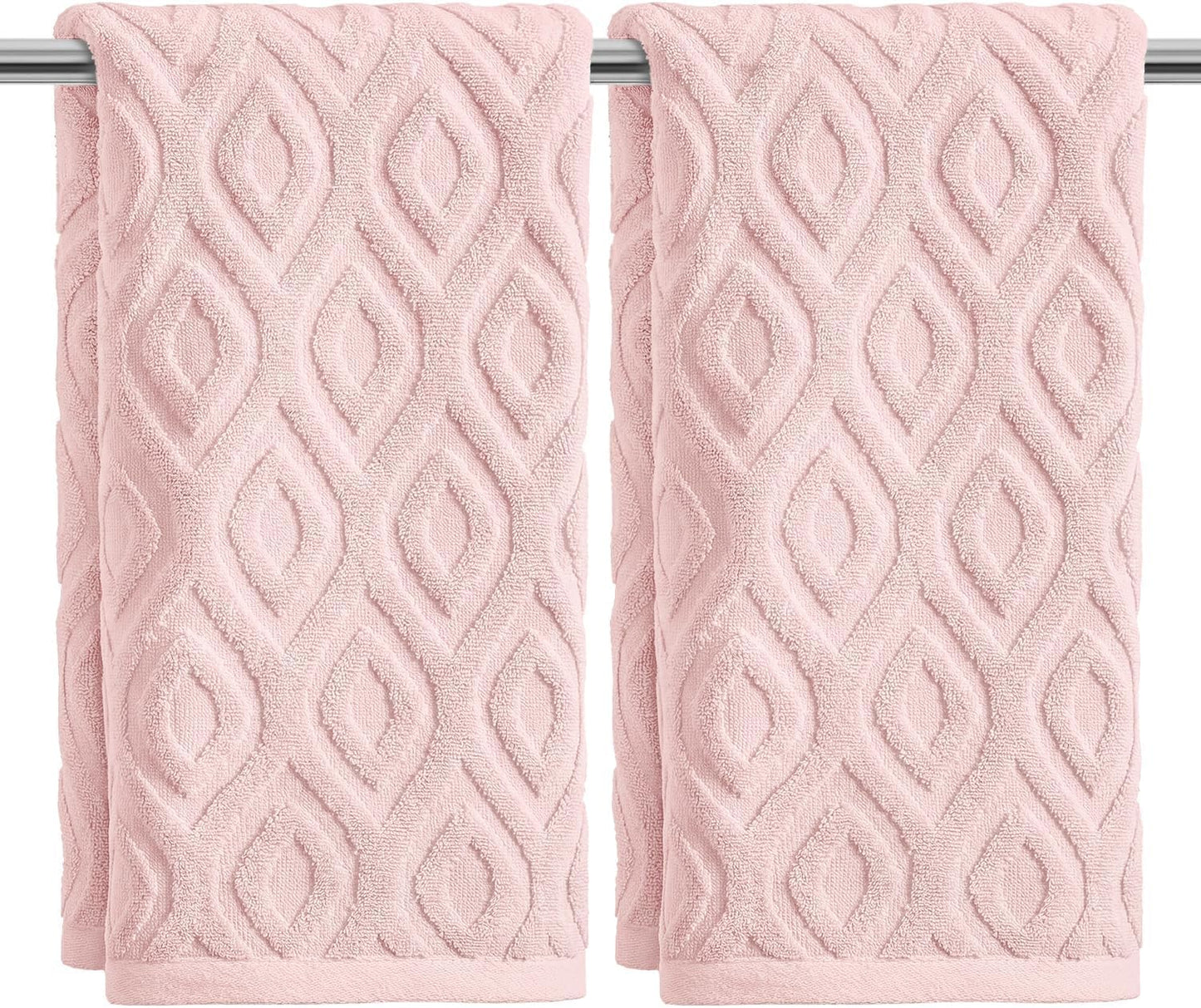 Artoid Mode 2 Pcs Pink 3D Diamond Grid Jacquard Hand Towels for Bathroom, 100% Cotton Soft Absorbent Bathroom Decor Towels, 13.7 x 29.5 Inch