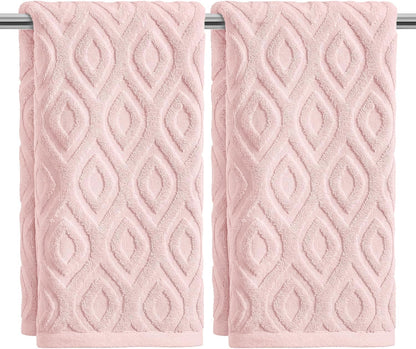 Artoid Mode 2 Pcs Pink 3D Diamond Grid Jacquard Hand Towels for Bathroom, 100% Cotton Soft Absorbent Bathroom Decor Towels, 13.7 x 29.5 Inch