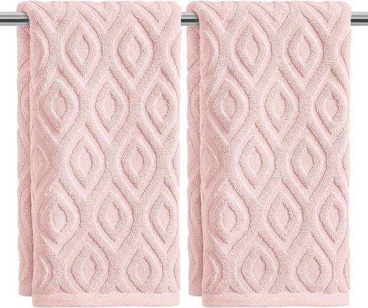Artoid Mode 2 Pcs Pink 3D Diamond Grid Jacquard Hand Towels for Bathroom, 100% Cotton Soft Absorbent Bathroom Decor Towels, 13.7 x 29.5 Inch
