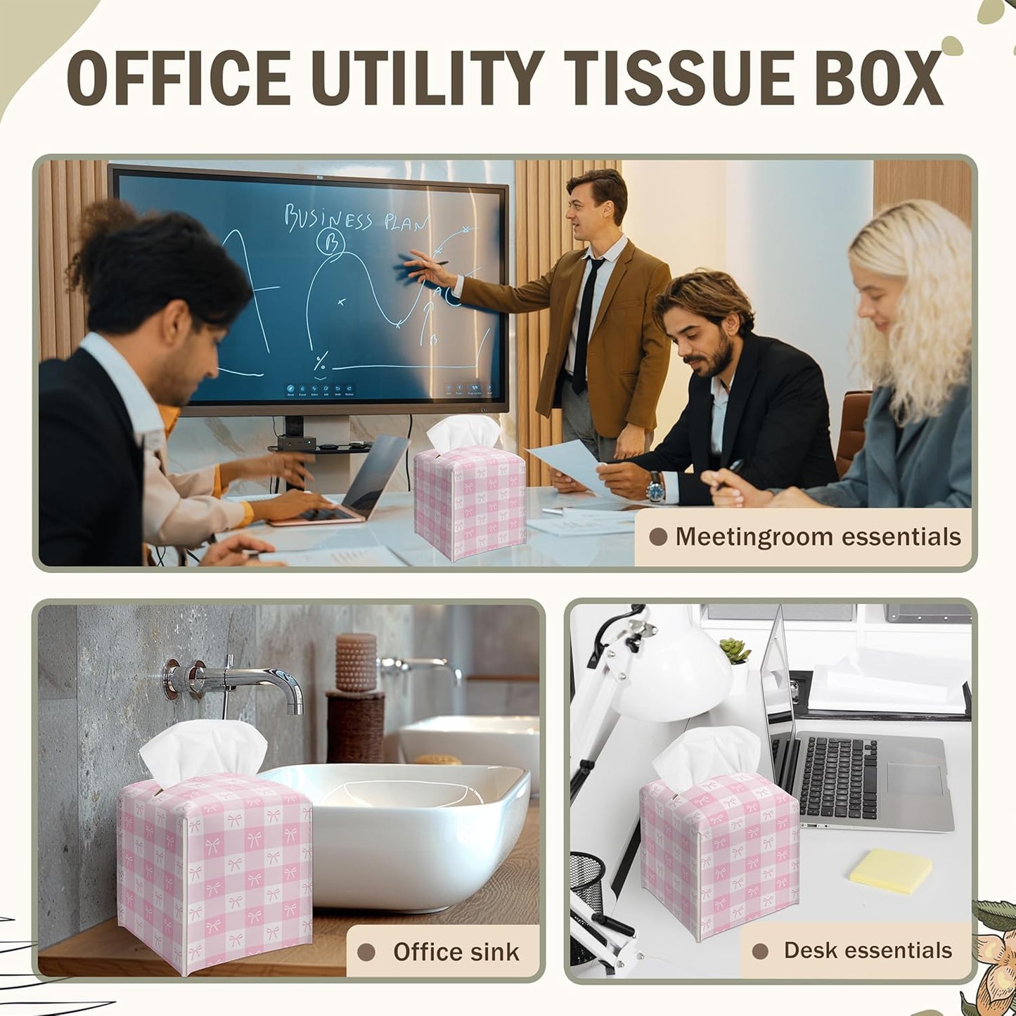 Pink Gingham Bow Decorative Leather Tissue Box Cover - Cute Tissue Holder Gifts for Women and Friends Funny Unique for Home Decor Decorative for Kitchen Bathroom Nightstands Office - A21
