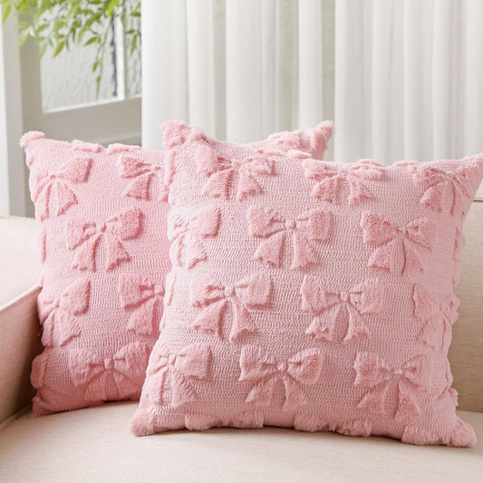 Mixweer Dark Pink Bow Pillow Covers Set of 2 Preppy Room Decor Coquette Cute Spring Summer Decorative Faux Fur Soft Bowknot Stuff Fluffy Plush Aesthetic Pillowcase for Bed Sofa Couch (18 x 18 Inch)